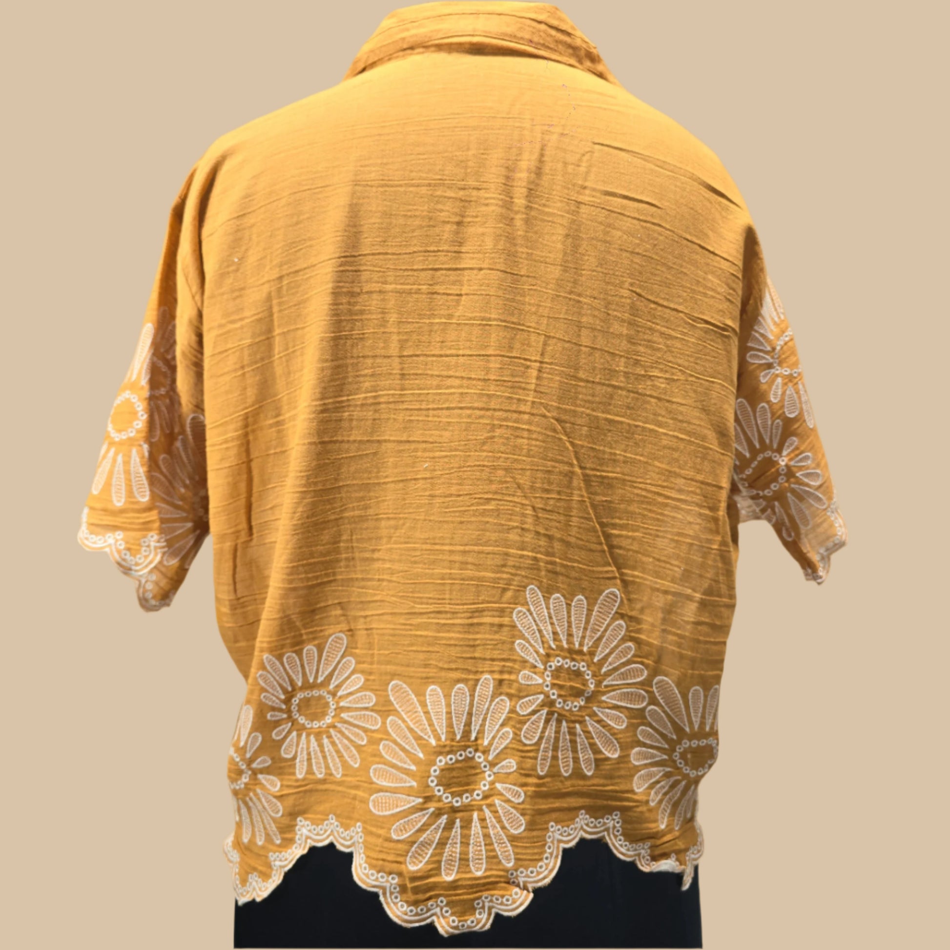 Rust Embroidered Cotton Crop Shirt for Women – Summer Casual Shirt with Daisy Lace