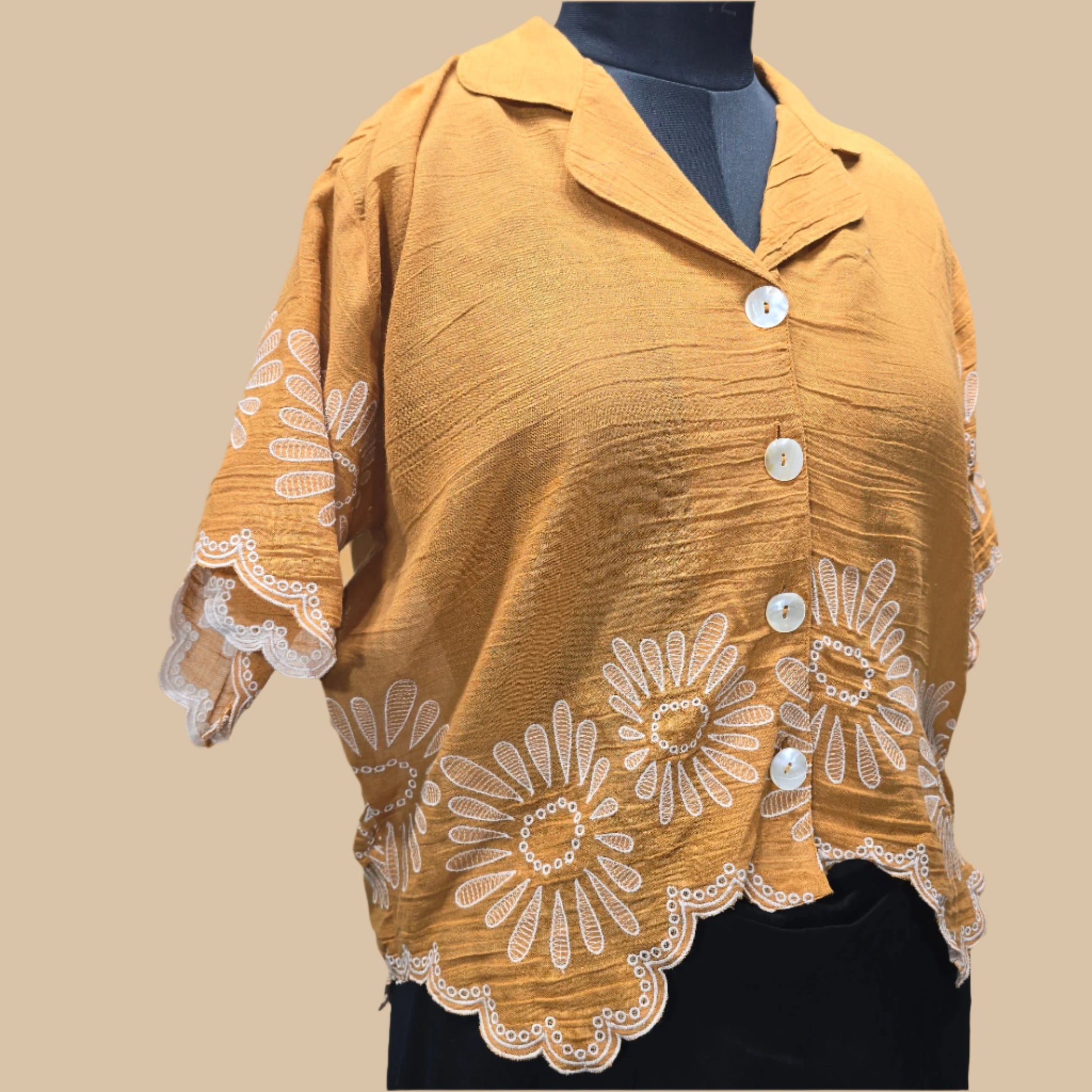 Rust Embroidered Cotton Crop Shirt for Women – Summer Casual Shirt with Daisy Lace