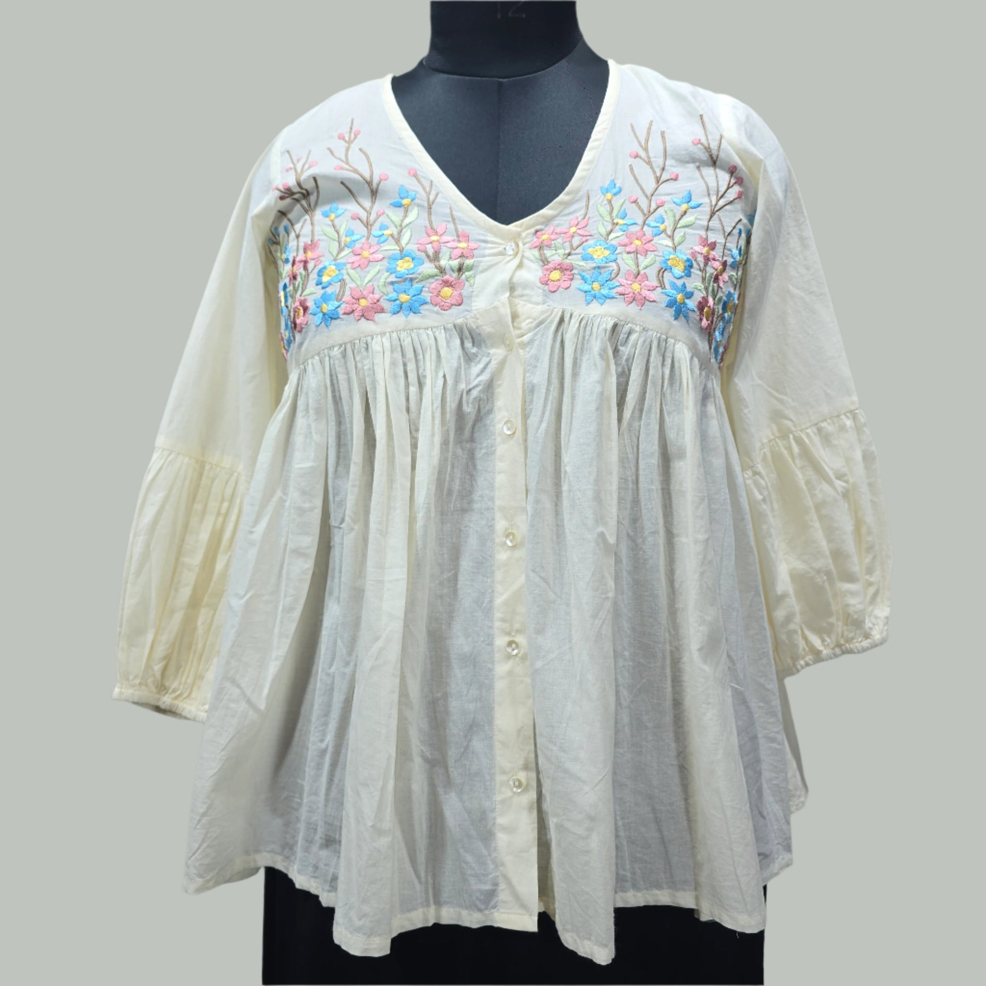 Floral Embroidered Cotton Boho Top for Women – Cream Peplum Style | Casual & Festive Wear