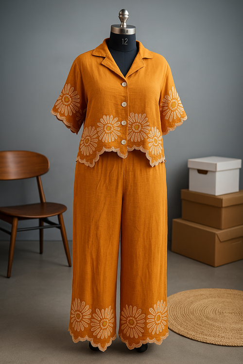 Rust Embroidered Cotton Crop Shirt for Women – Summer Casual Shirt with Daisy Lace