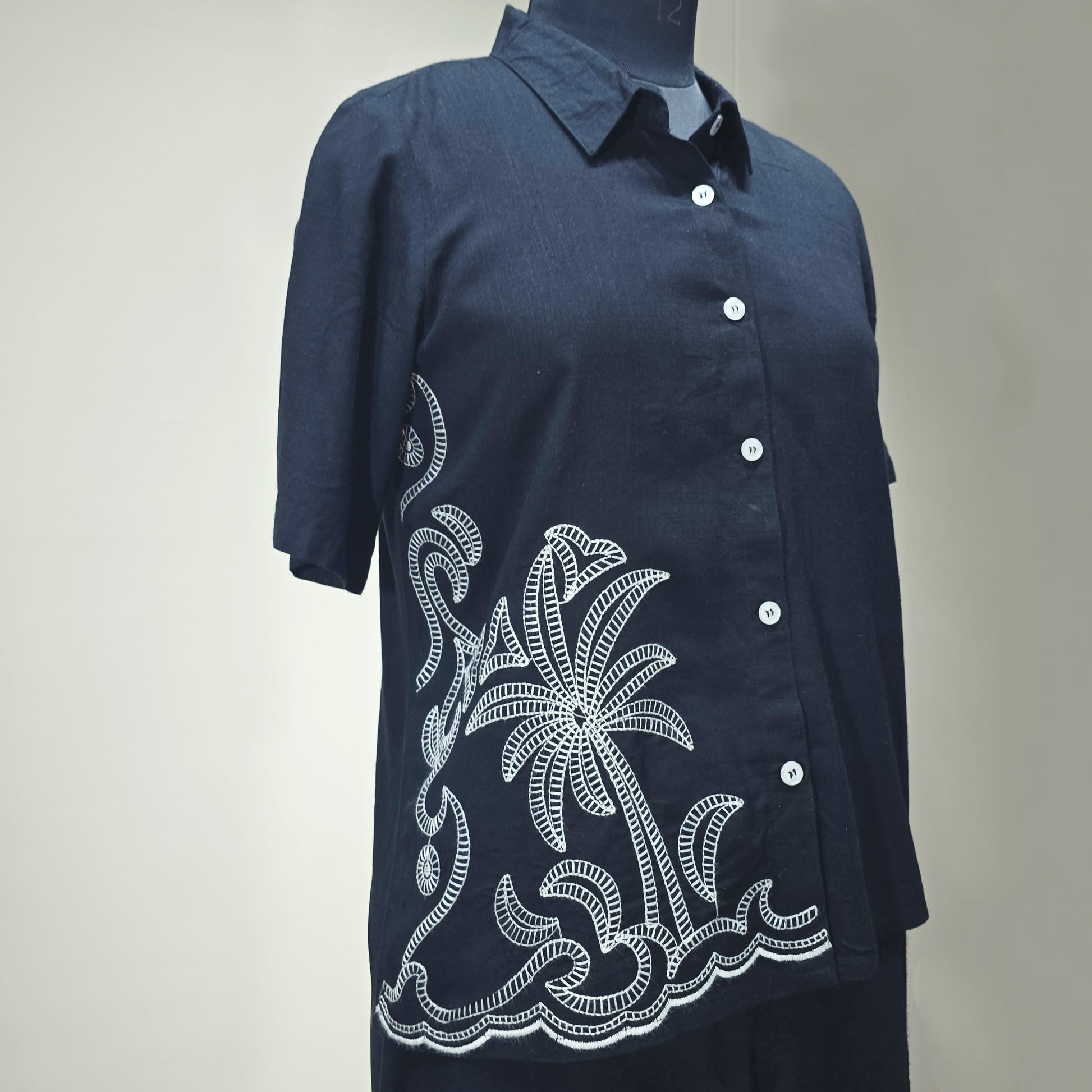 Black Embroidered Coconut Tree Cord Set for Women – Casual Resort Style Button-Down