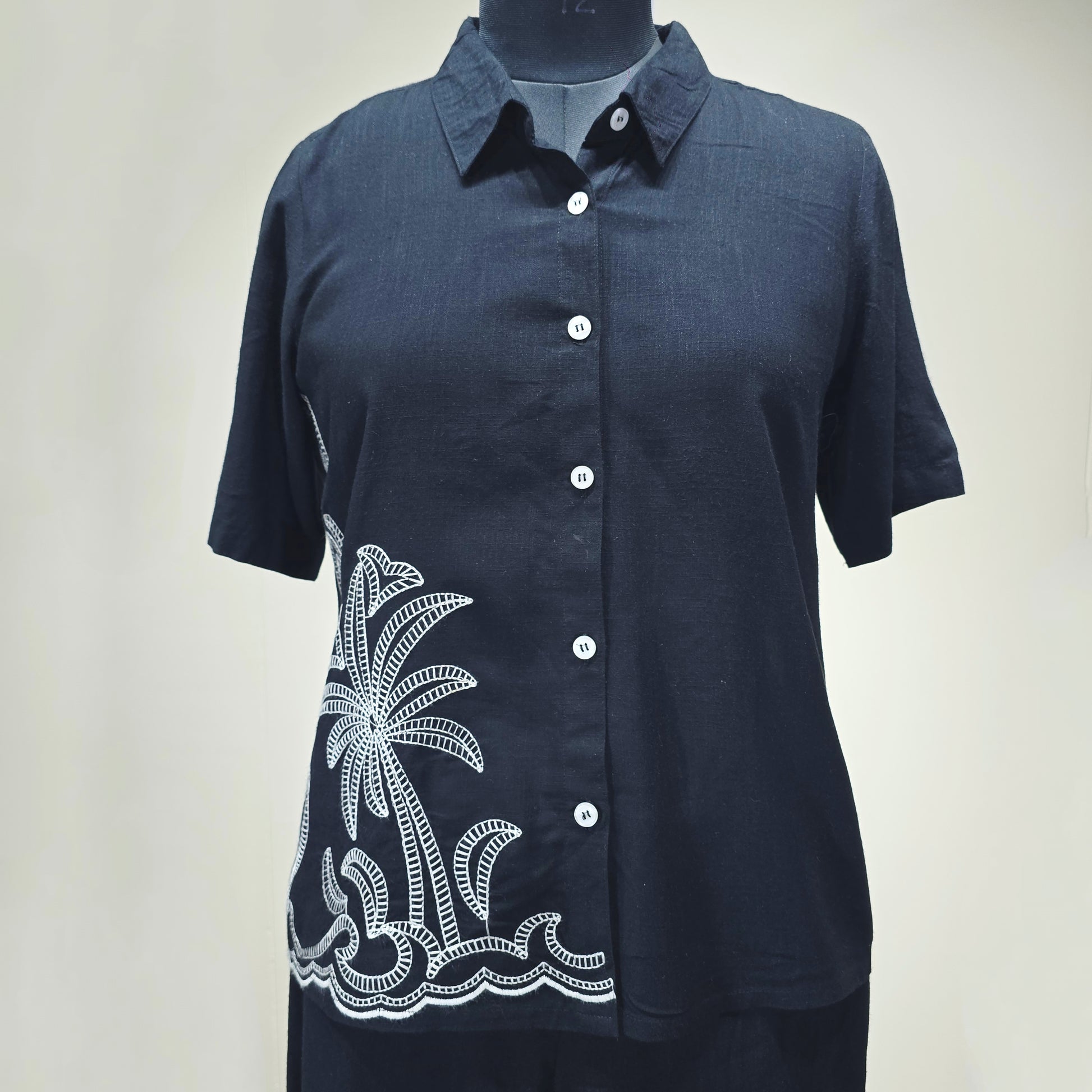 Black Embroidered Coconut Tree Cord Set for Women – Casual Resort Style Button-Down