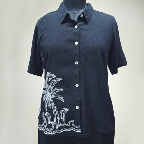 Black Embroidered Coconut Tree Cord Set for Women – Casual Resort Style Button-Down