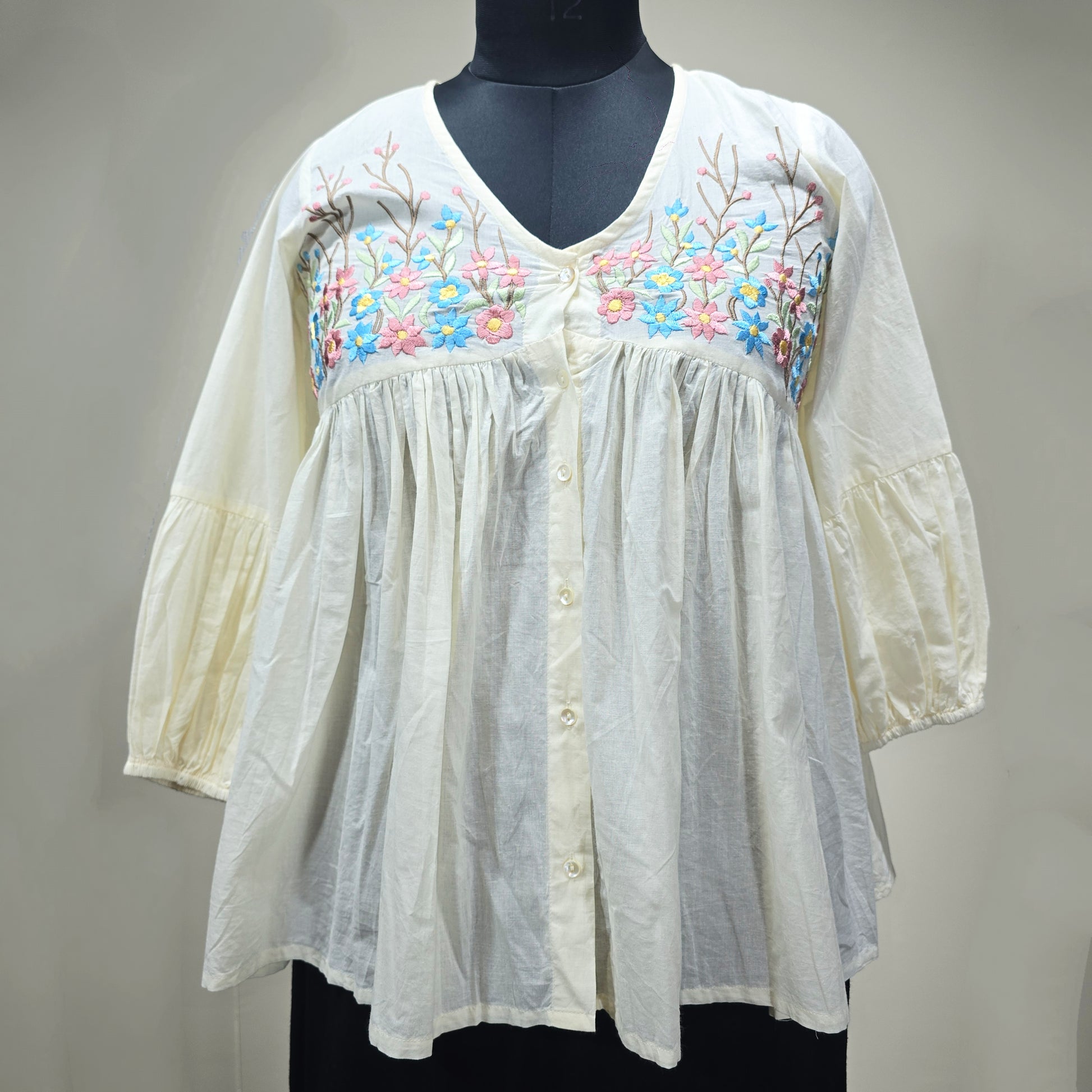 Floral Embroidered Cotton Boho Top for Women – Cream Peplum Style | Casual & Festive Wear