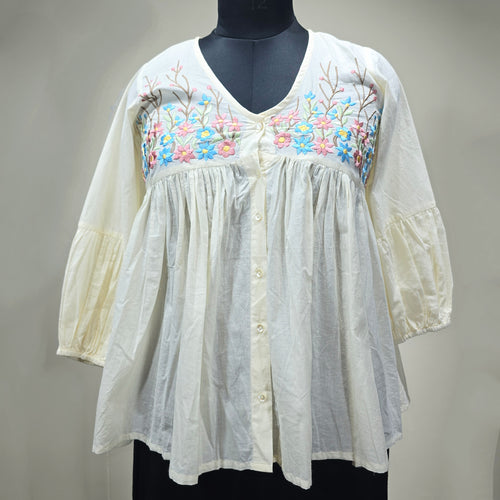 Floral Embroidered Cotton Boho Top for Women – Cream Peplum Style | Casual & Festive Wear