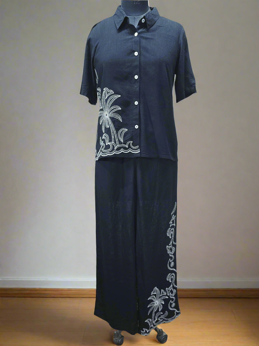 Black Embroidered Coconut Tree Cord Set for Women – Casual Resort Style Button-Down