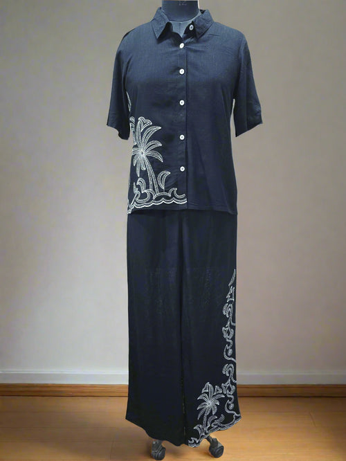 Black Embroidered Coconut Tree Cord Set for Women – Casual Resort Style Button-Down